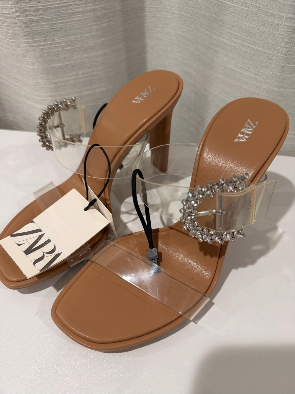 Zara Tan Block Heel Mules with Clear Strap and Crystal Buckle